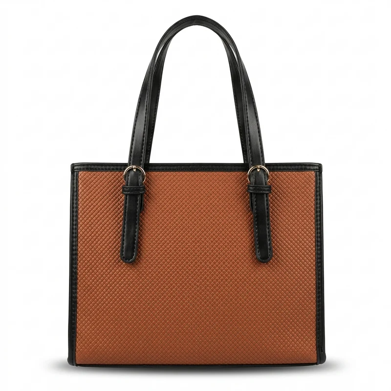 Elzee tan and black woven tote bag front view