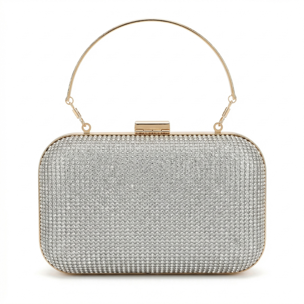 Diamond Shimmer Rhinestone Box Clutch – Full Crystal Embellished Evening Bag with Gold Handle