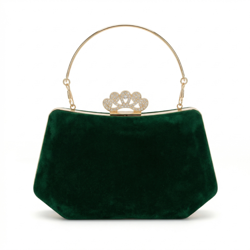 Emerald Jewel Velvet Evening Clutch – Crystal Tiara Clasp & Gold Circular Handle Bag