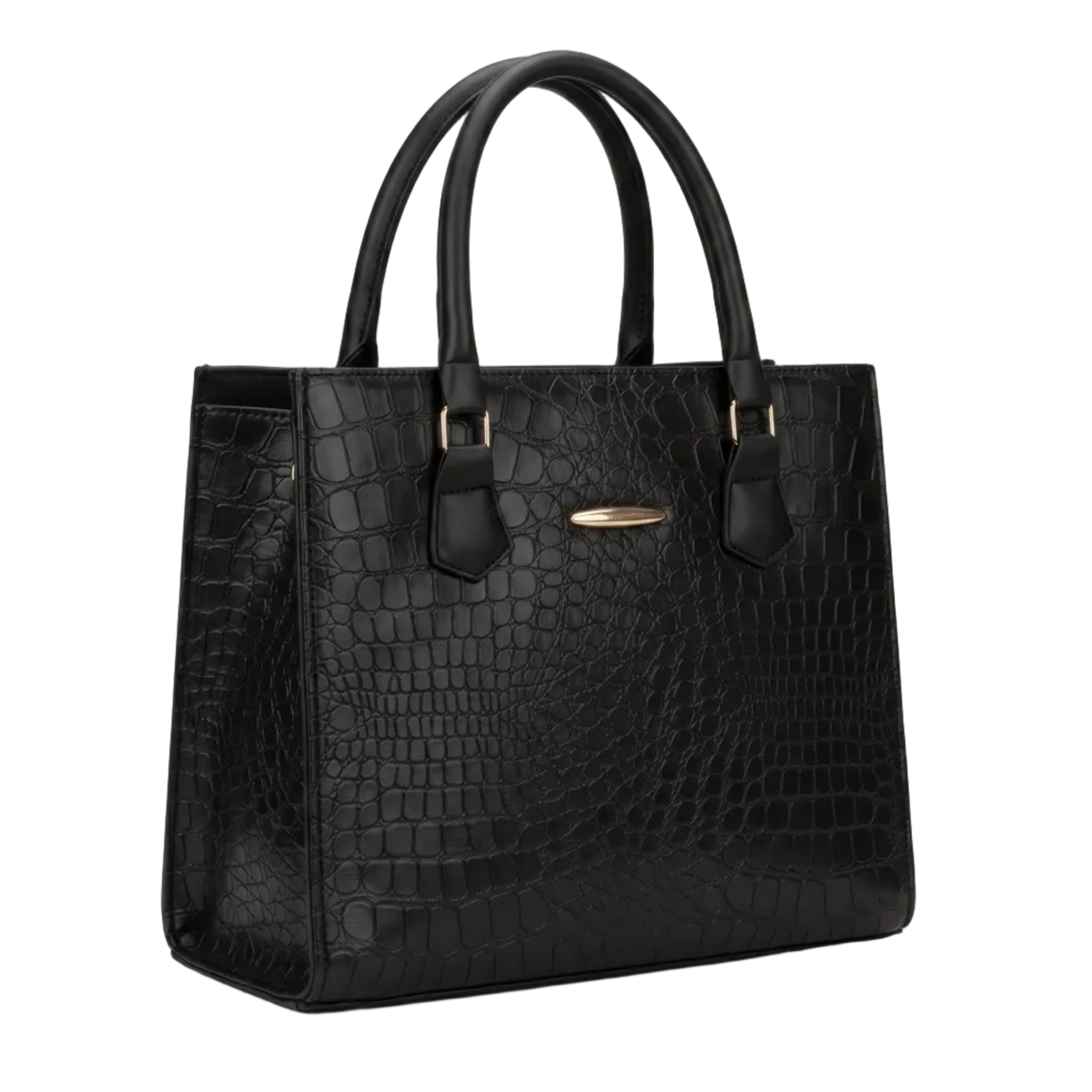 Black Crocodile-Embossed Structured Tote Bag with Gold Oval Clasp & Dual Zip Interior