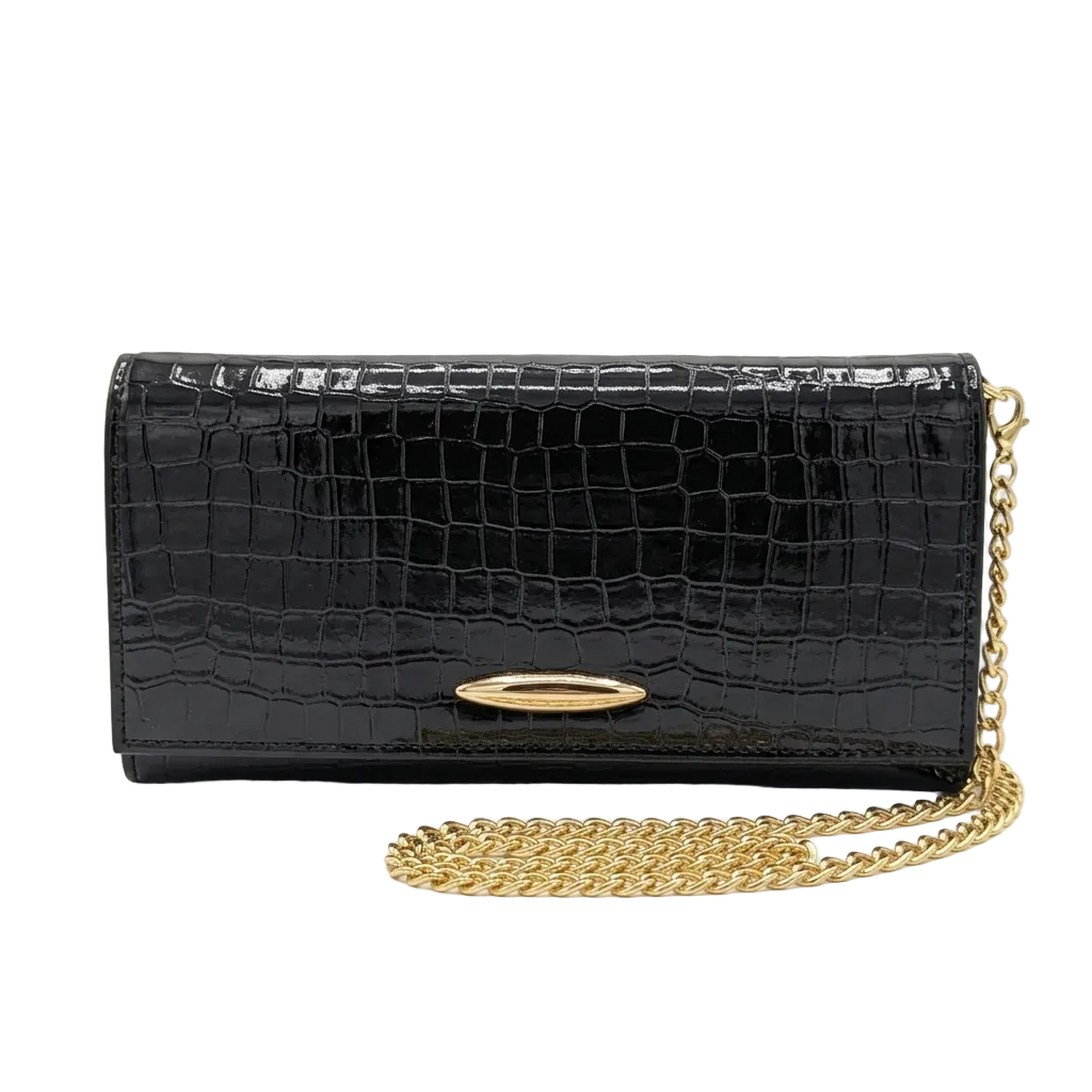 Black Glossy Croco Clutch Bag with Gold Chain