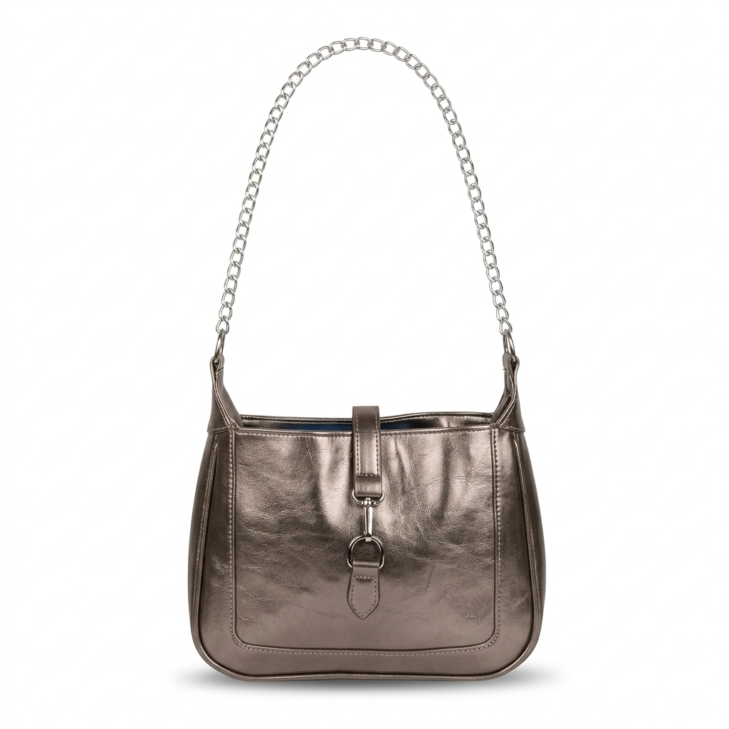 Gunmetal Silver Metallic Leather Shoulder Bag with Chain Strap