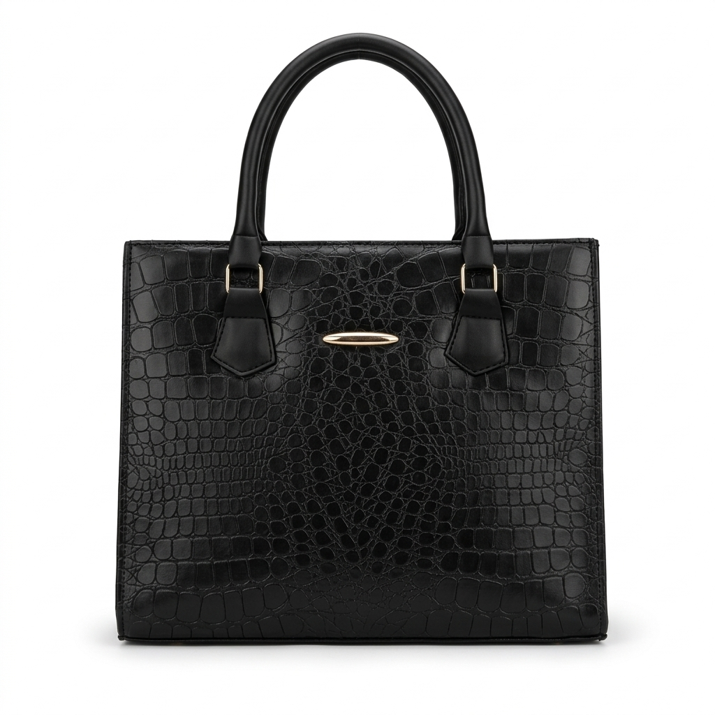 Black Crocodile-Embossed Structured Tote Bag with Gold Oval Clasp & Dual Zip Interior