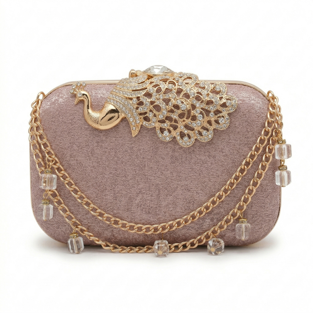 Frost Pink Shimmer Wave Clutch – Crystal Crown Clasp & Chrome Circular Handle Bag