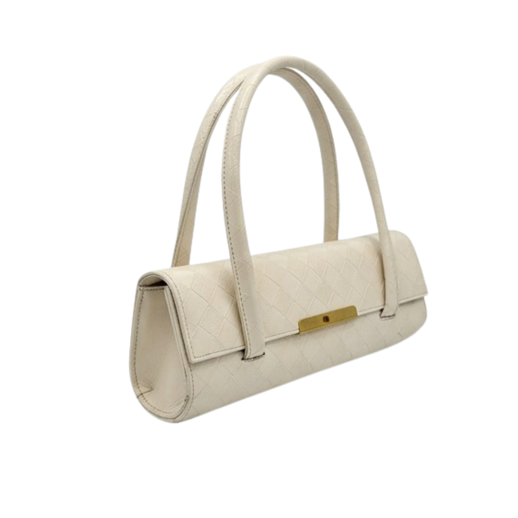 Cream Woven Leather Cylinder Baguette Bag