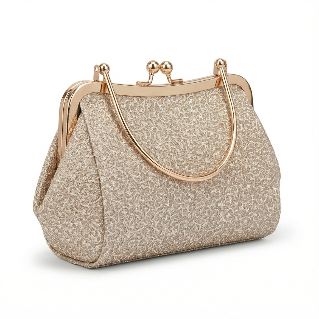 Gilded Filigree Glitter Clutch – Vintage Kiss-Lock Evening Bag with Gold Handle