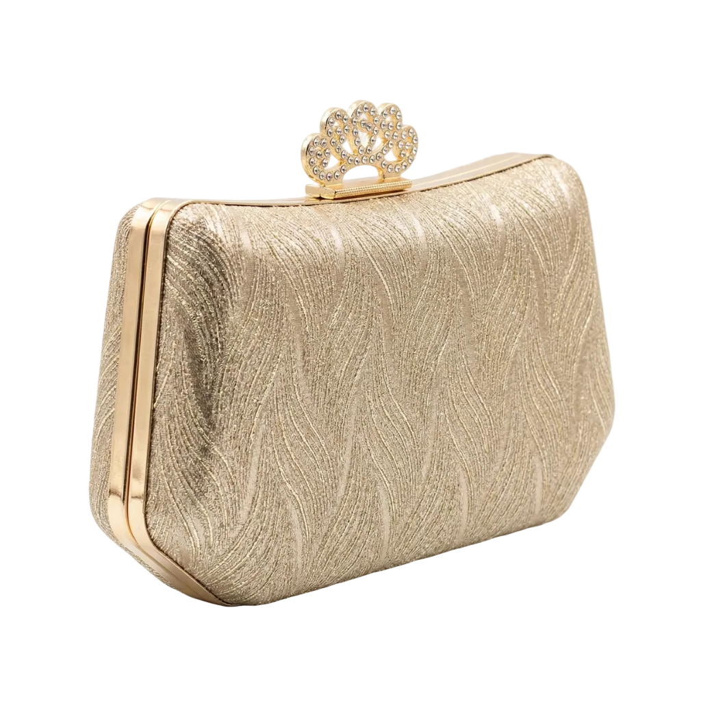 Champagne Shimmer Wave Evening Clutch – Golden Shell Clasp & Architectural Box Bag
