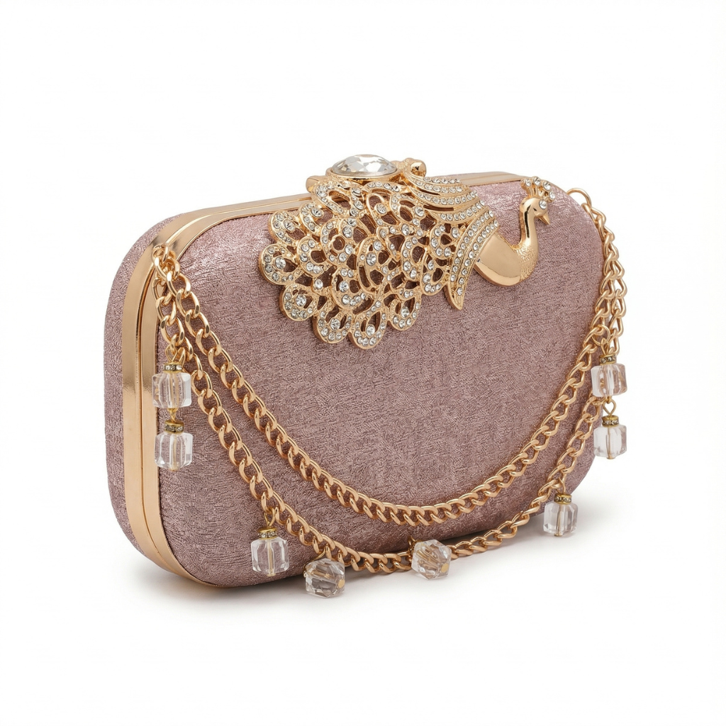 Frost Pink Shimmer Wave Clutch – Crystal Crown Clasp & Chrome Circular Handle Bag