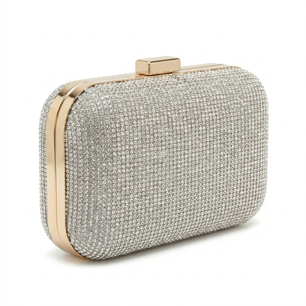 Diamond Shimmer Rhinestone Box Clutch – Full Crystal Embellished Evening Bag with Gold Handle