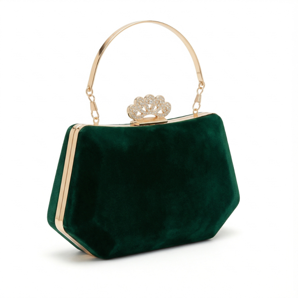 Emerald Jewel Velvet Evening Clutch – Crystal Tiara Clasp & Gold Circular Handle Bag
