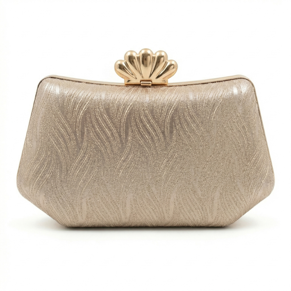 Champagne Shimmer Wave Evening Clutch – Golden Shell Clasp & Architectural Box Bag