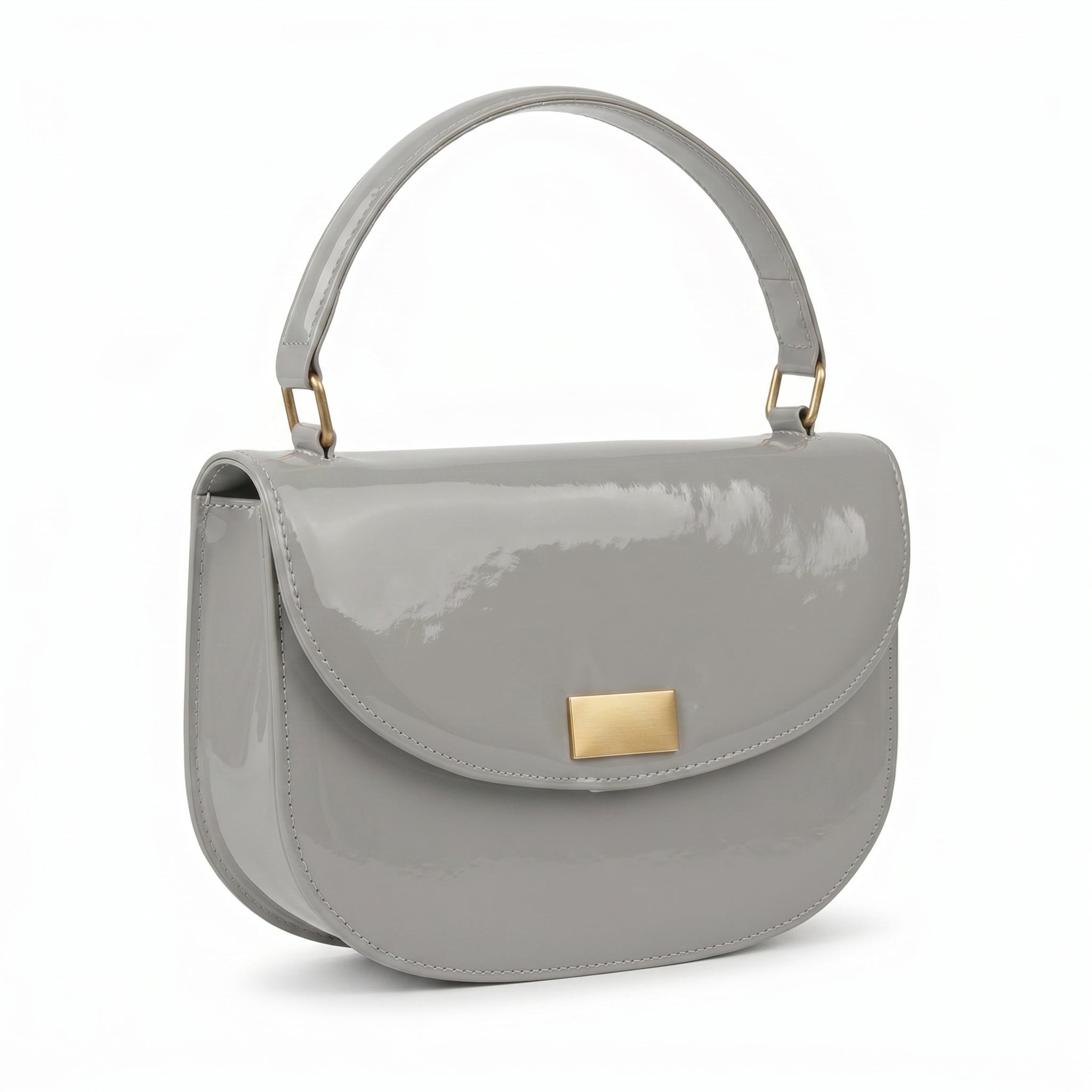 Grey Glossy Patent Leather Half-Moon Saddle Bag with Gold Clasp