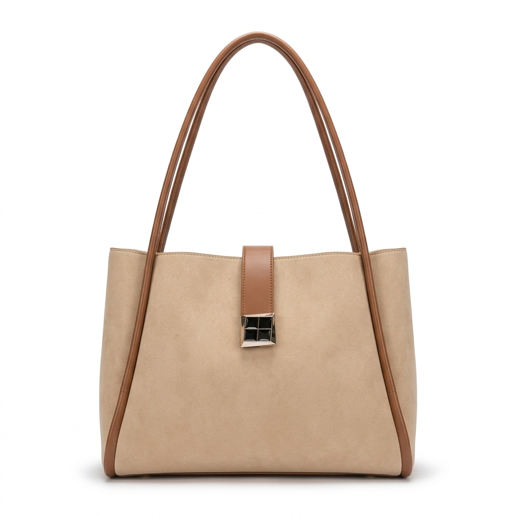 Beige Suede & Tan Leather Two-Tone Shoulder Tote Bag