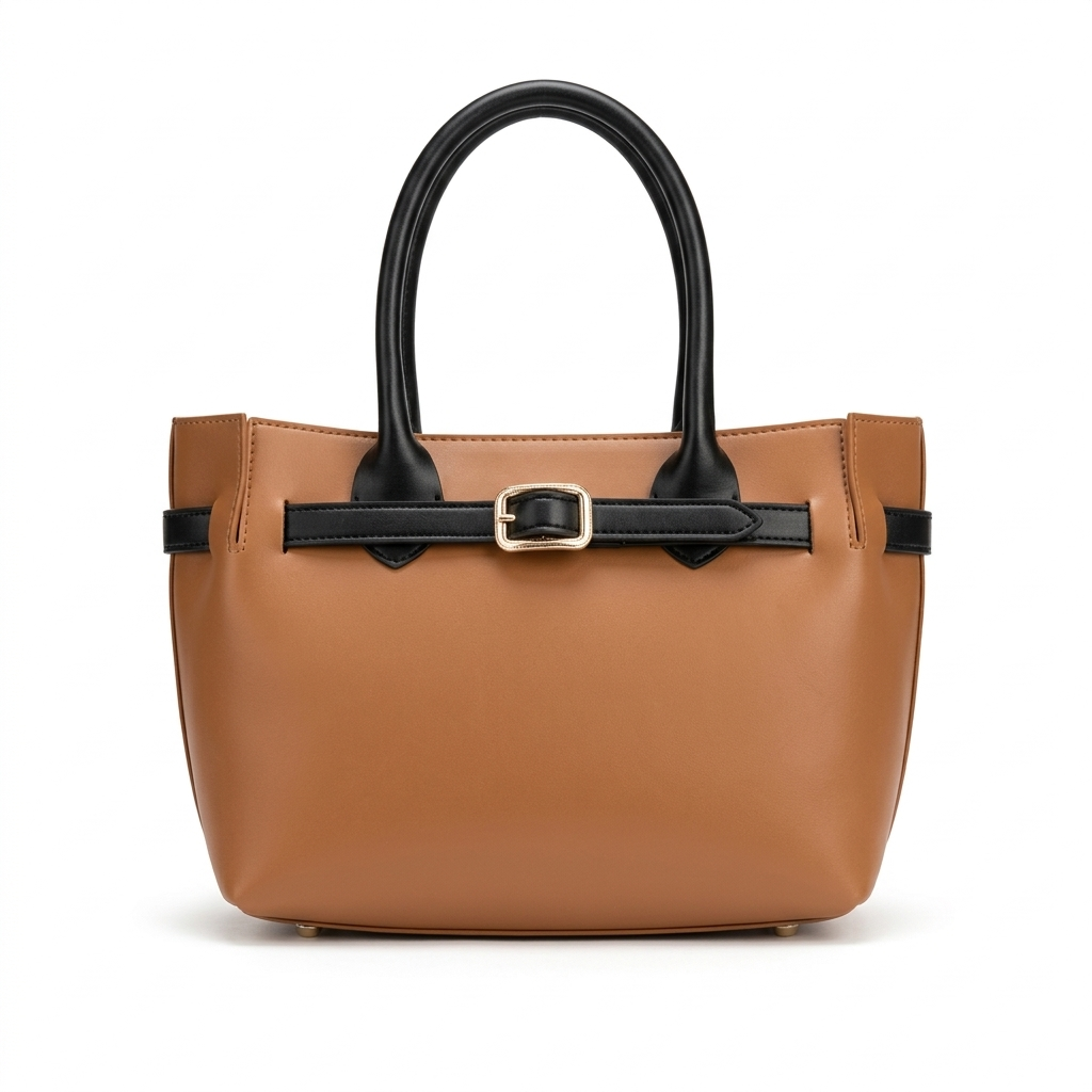 Tan & Black Two-Tone Smooth Leather Belted Tote Bag