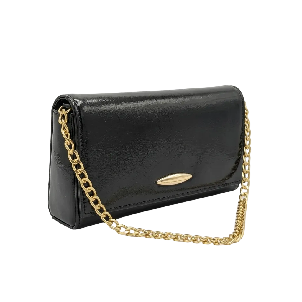 Black Glossy Patent Leather Clutch with Gold Chain