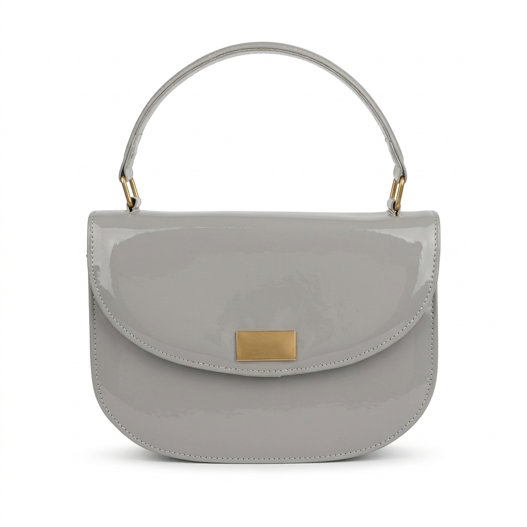Grey Glossy Patent Leather Half-Moon Saddle Bag with Gold Clasp