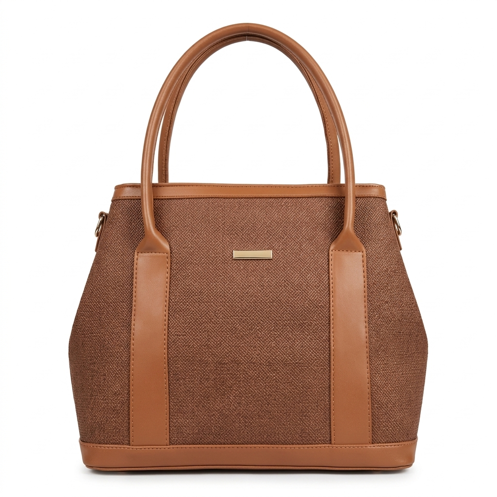 Brown Textured Canvas & Tan Leather Structured Tote Bag