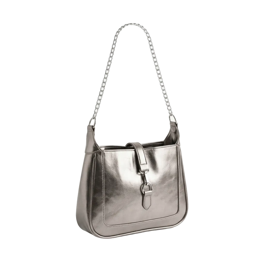 Gunmetal Silver Metallic Leather Shoulder Bag with Chain Strap
