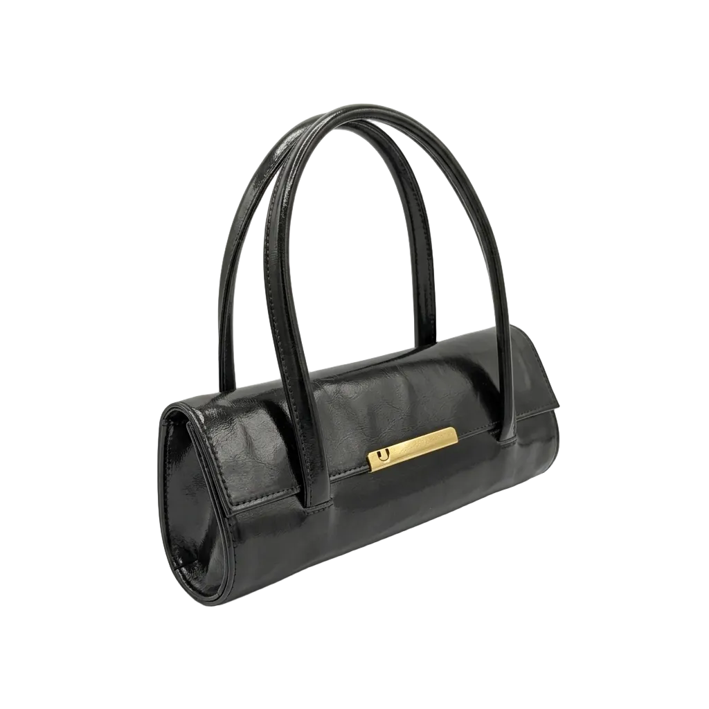 Black Glossy Patent Leather Cylinder Baguette Bag
