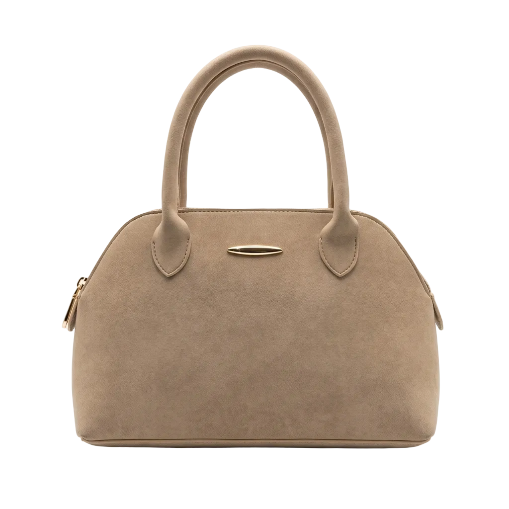 Beige Nude Suede Dome Satchel Bag with Gold Hardware
