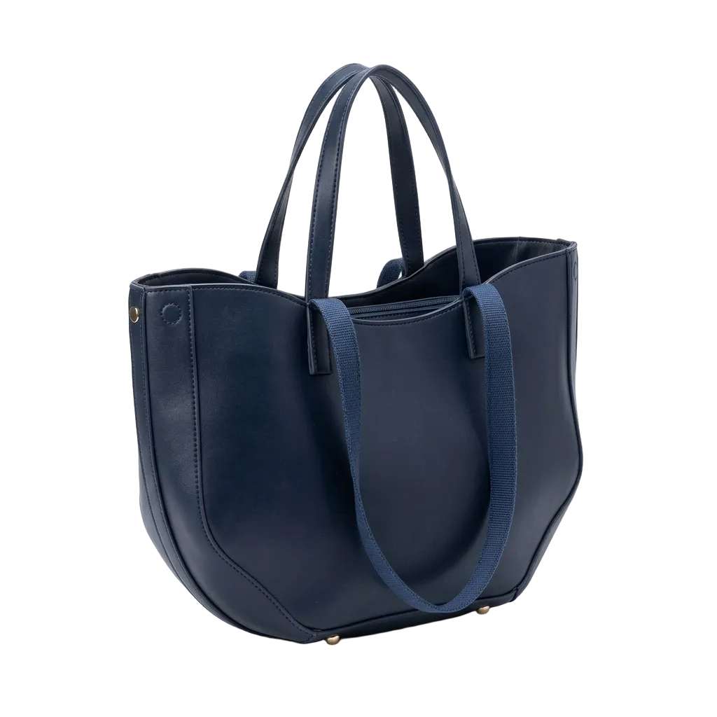 Navy Blue Smooth Leather Open Top Tote Bag