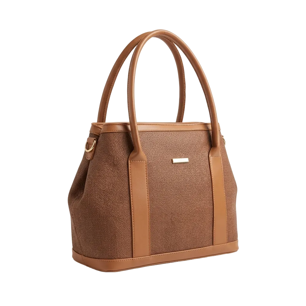 Brown Textured Canvas & Tan Leather Structured Tote Bag