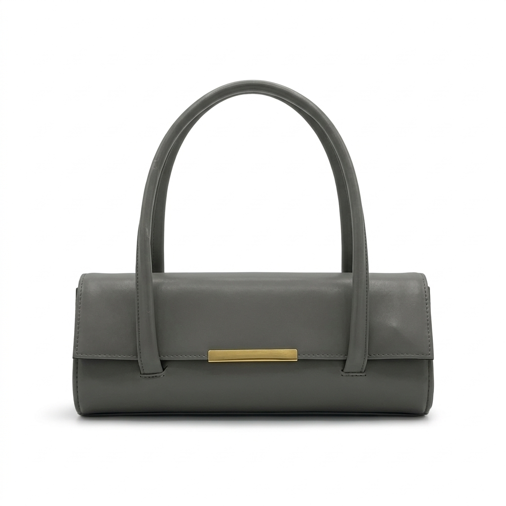 Grey Cylinder Baguette Bag with Gold Bar Clasp