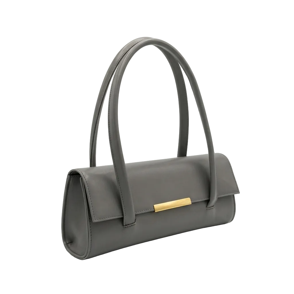 Grey Cylinder Baguette Bag with Gold Bar Clasp