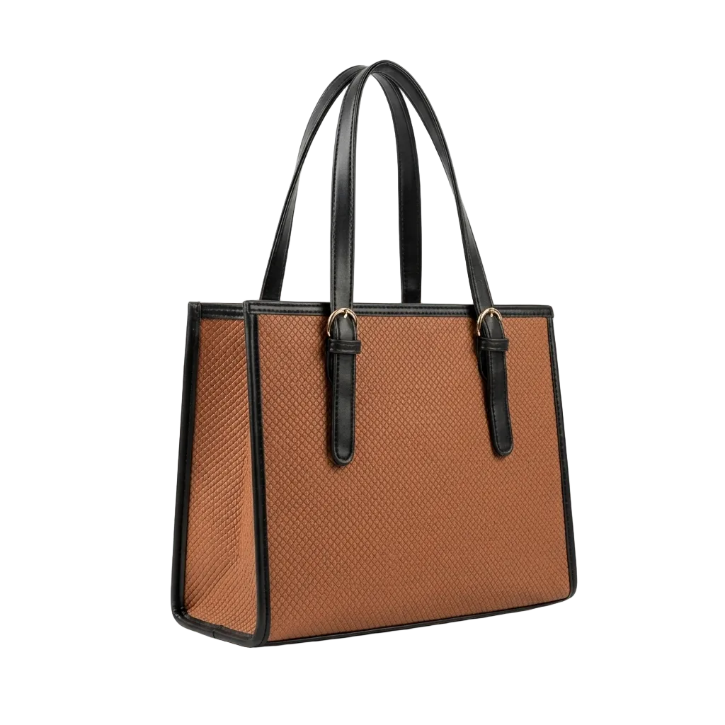 Tan & Black Two-Tone Woven Texture Structured Tote Bag