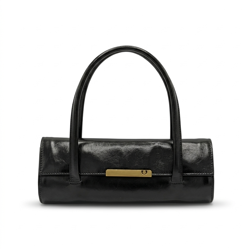 Black Glossy Patent Leather Cylinder Baguette Bag