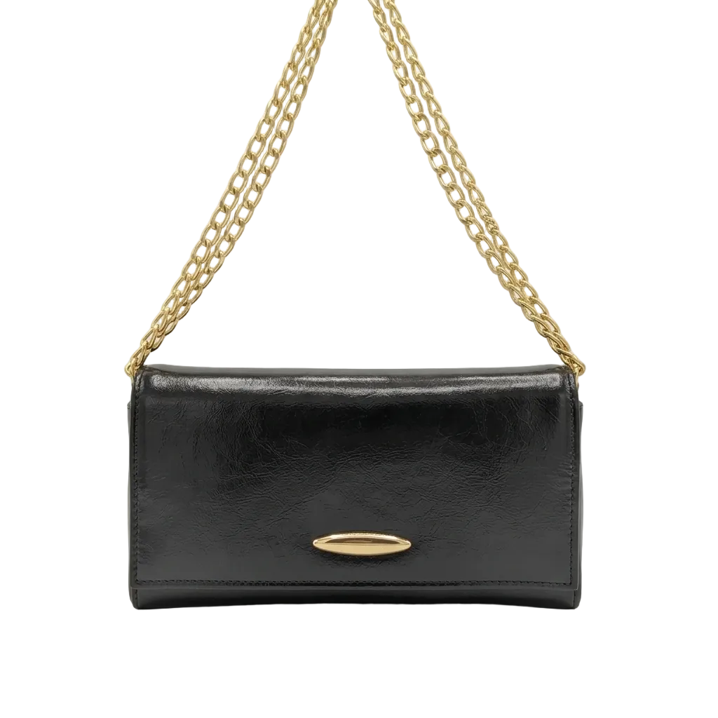 Black Glossy Patent Leather Clutch with Gold Chain