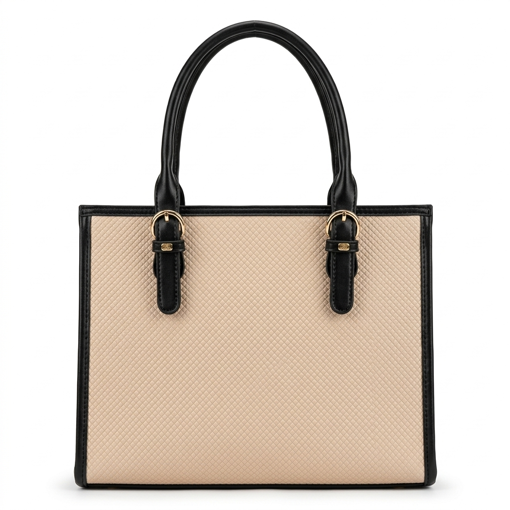 Beige & Black Two-Tone Woven Texture Structured Tote Bag