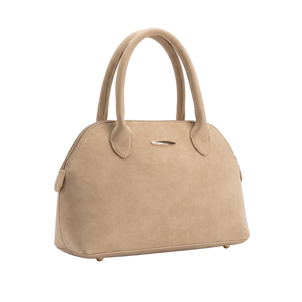 Beige Nude Suede Dome Satchel Bag with Gold Hardware