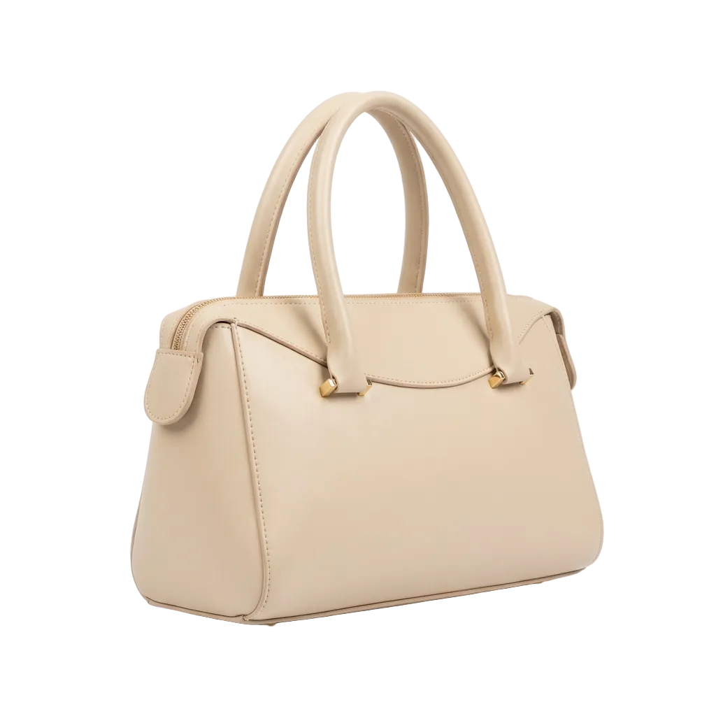 Modern Muse Satchel – Cream Beige Vegan Leather Top-Handle Bag with Gold Hardware