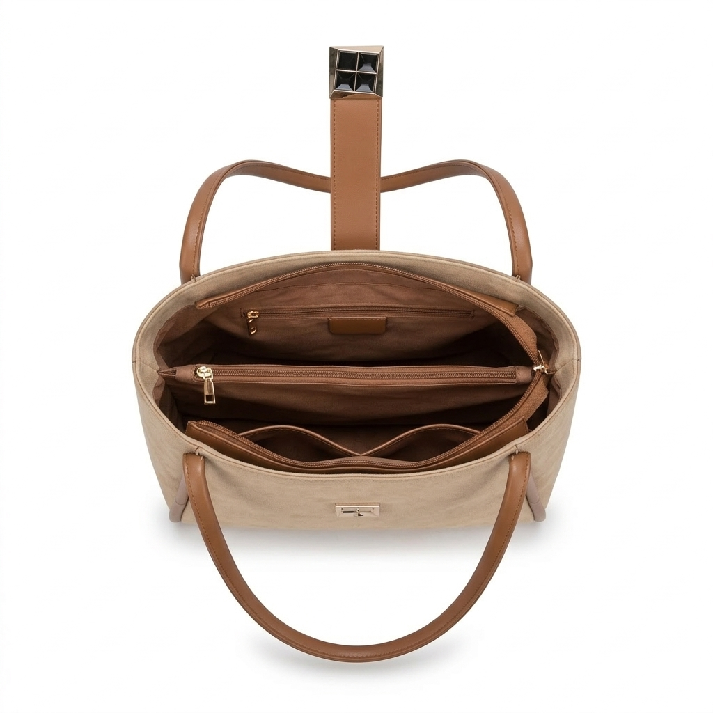 Beige Suede & Tan Leather Two-Tone Shoulder Tote Bag