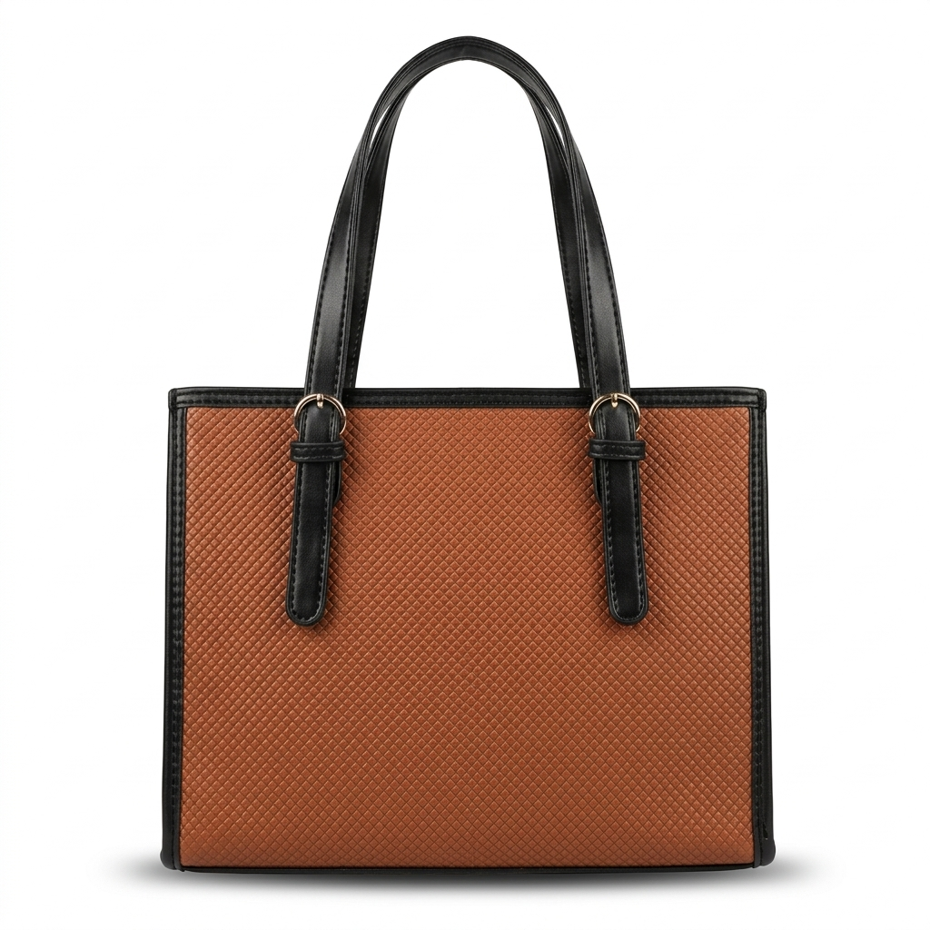 Tan & Black Two-Tone Woven Texture Structured Tote Bag