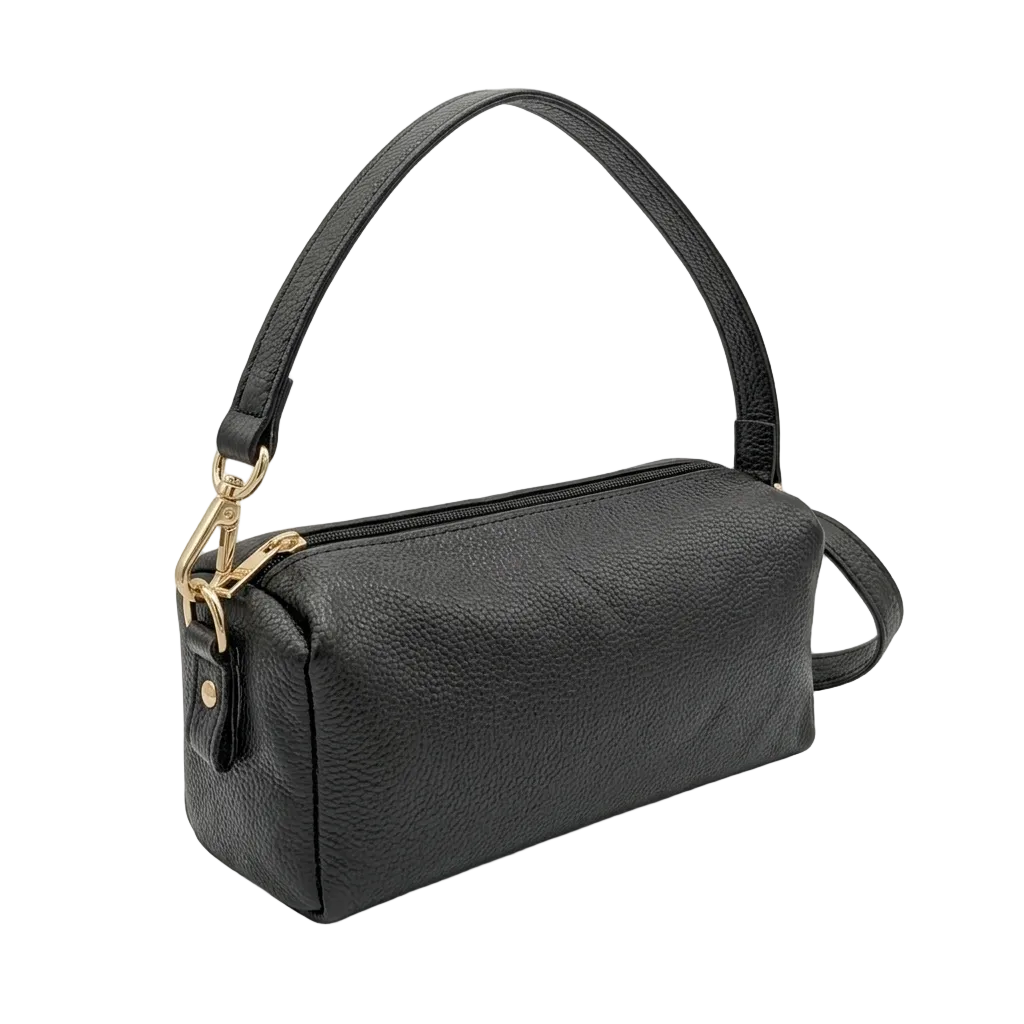 Black Pebbled Leather Boxy Shoulder Bag